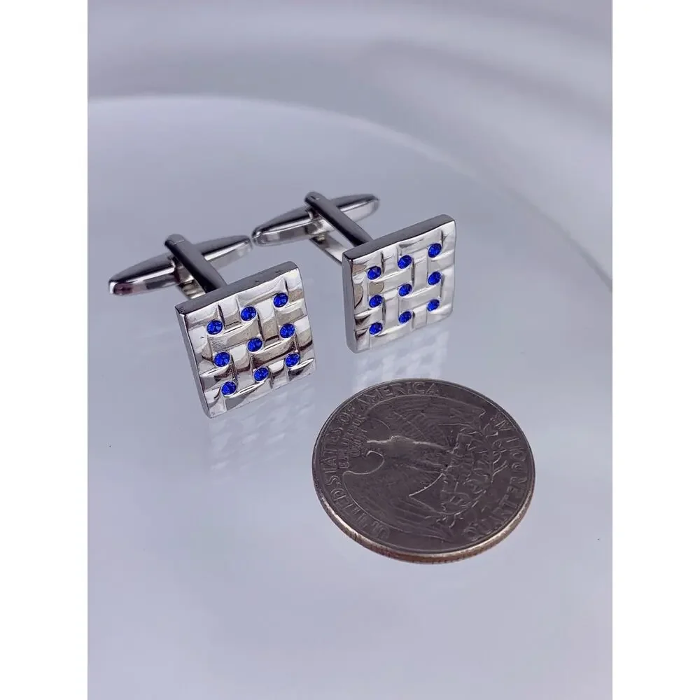 Blue Rhinestone Basket Weave Silver Tone Cufflinks Woven Modern Square VTG O1
